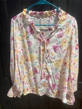Ruffled Tie-Front Floral Blouse in White with Pink & Yellow